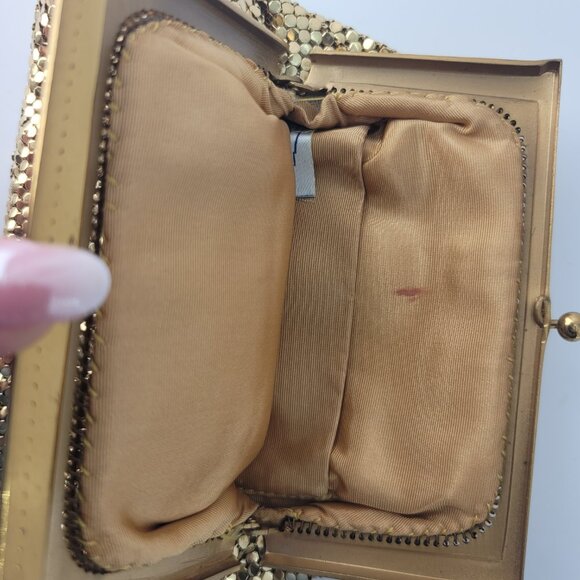 Vintage Whiting & Davis Gold Mesh Evening Bag Clutch Purse Rhinestone Frame - Picture 7 of 12